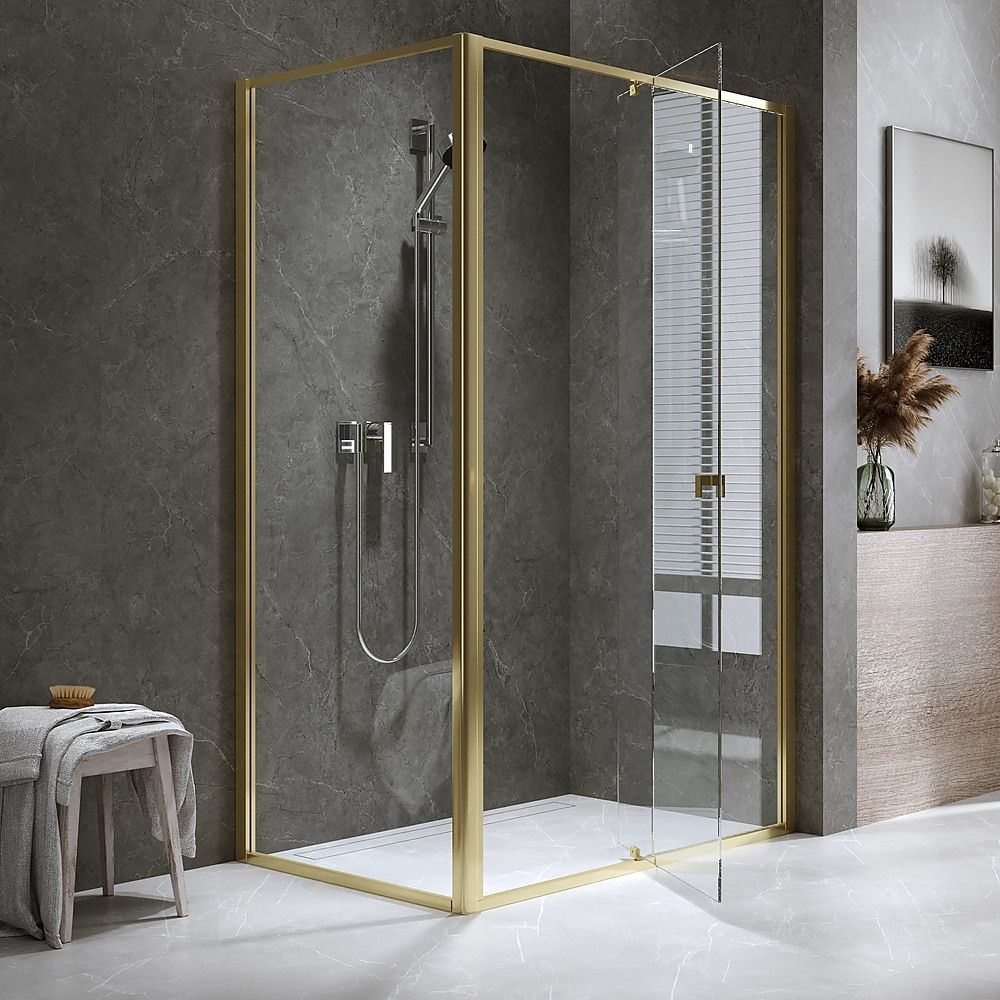Semi-Frameless Shower Screen – Gold, Front: 114 122 x195cm, Side: 89 92 x195cm