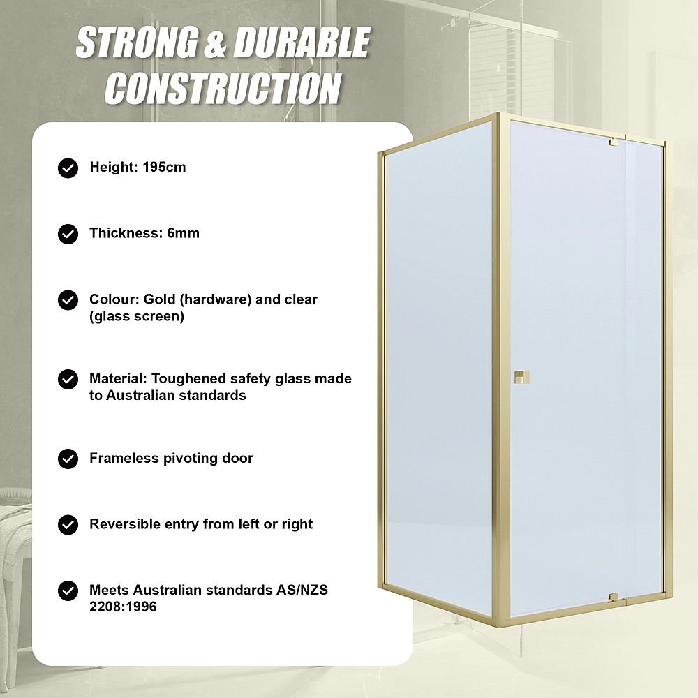 Semi-Frameless Shower Screen – Gold, Front: 114 122 x195cm, Side: 89 92 x195cm
