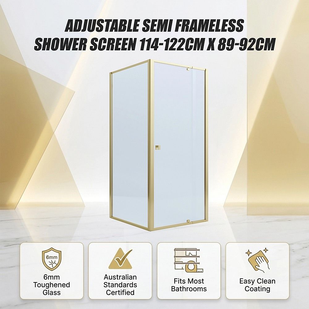 Semi-Frameless Shower Screen – Gold, Front: 114 122 x195cm, Side: 89 92 x195cm