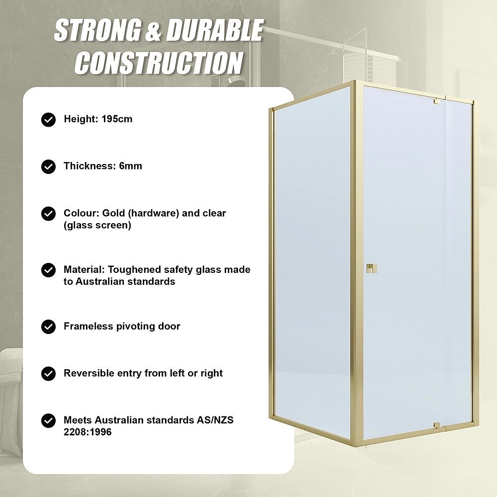 Semi-Frameless Shower Screen – Gold, Front: 114 122 x195cm, Side: 98 101 x195cm
