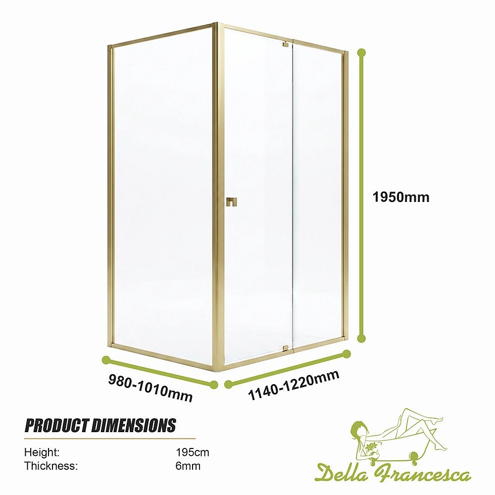 Semi-Frameless Shower Screen – Gold, Front: 114 122 x195cm, Side: 98 101 x195cm