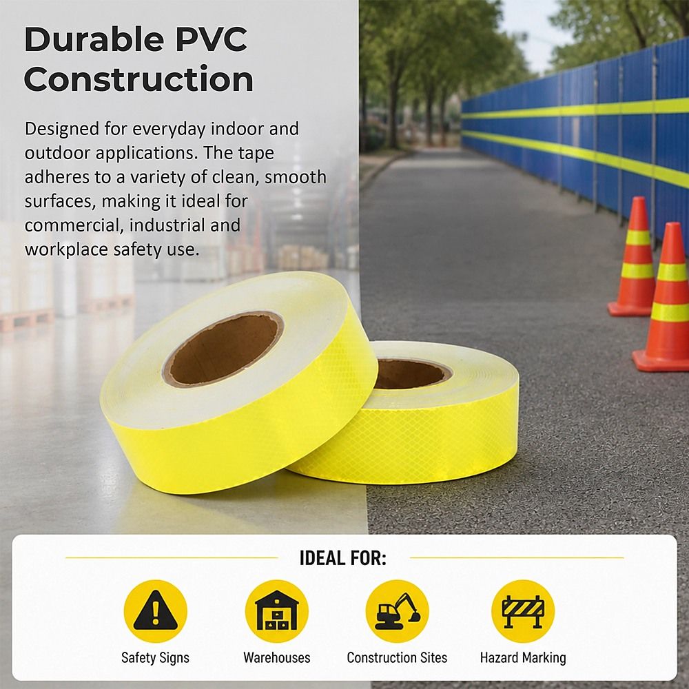 Reflective Tape Hi Vis Fluorescent Yellow 5cm x 50m Adhesive Safety 2 Pack