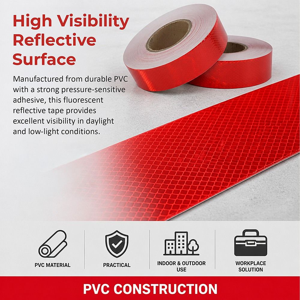 Reflective Tape Hi Vis Fluorescent Red 5cm x 50m Adhesive Safety 2 Pack
