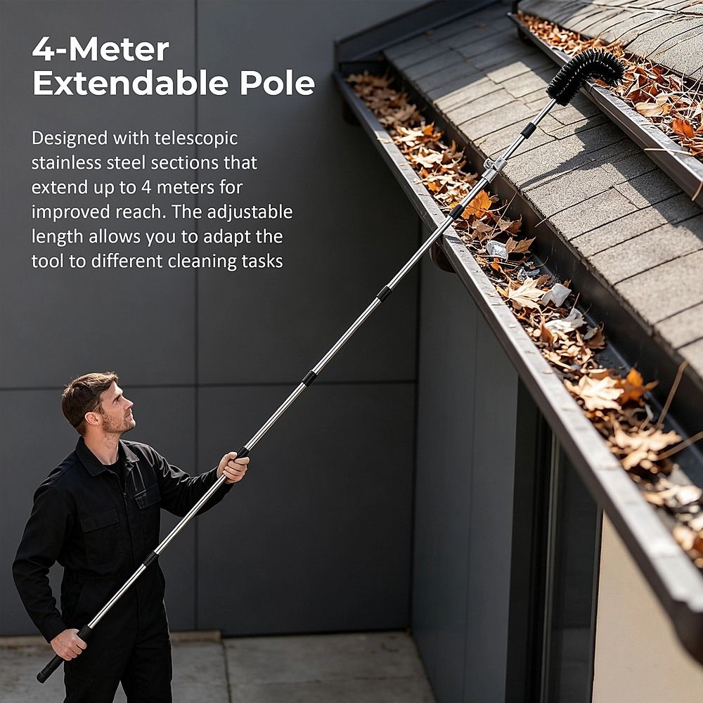 4M Telescopic Gutter Cleaning Tool Kit with Adjustable Pole, Gutter Brush & Gutter Rake
