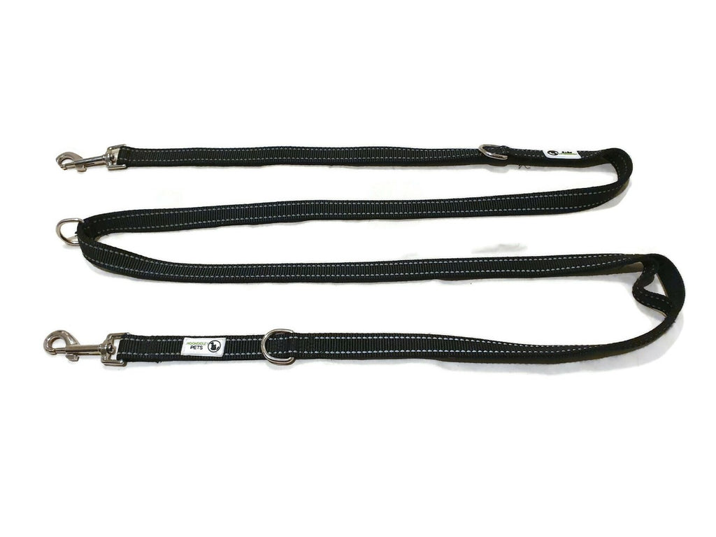 Multi Dog Lead - Nylon w/Reflective Stitching - Double Clip ,Coupler, Waist Belt, Short/Long, Quicktie 20mm Black