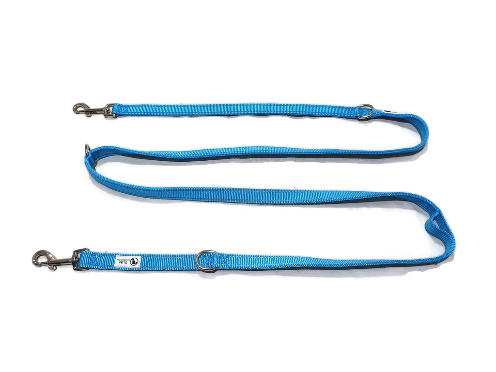 Multi Dog Lead - Nylon w/Reflective Stitching - Double Clip ,Coupler, Waist Belt, Short/Long, Quicktie 25mm Light Blue