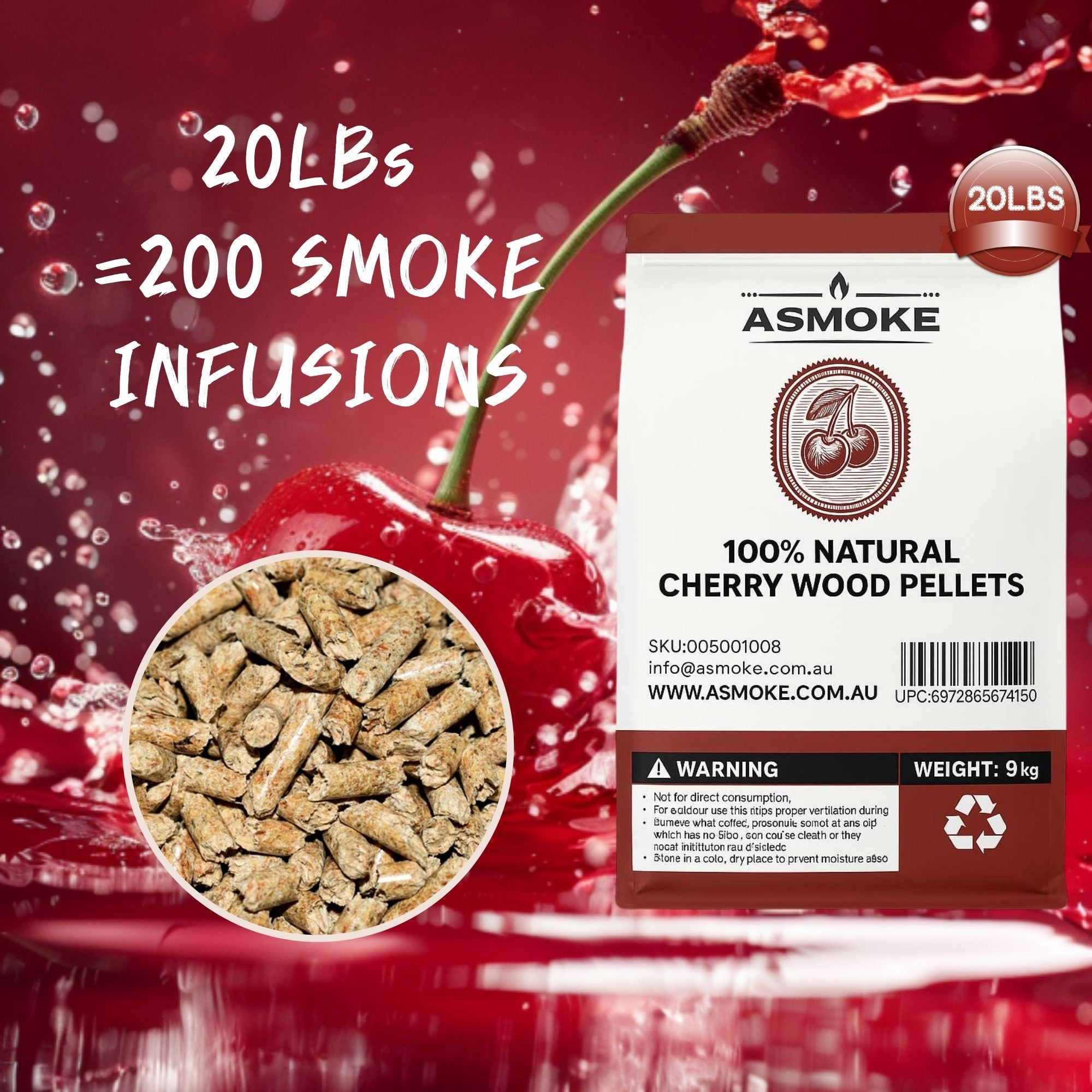 ASMOKE 100% Natural Cherry Wood BBQ Smoker Pellets 9kg / 20lbs