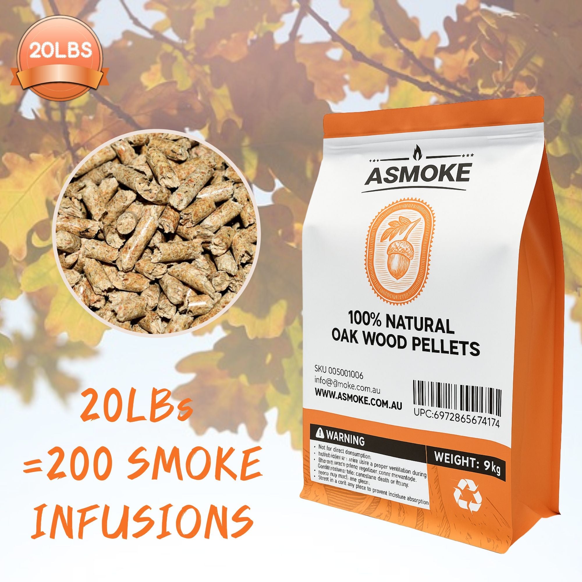 ASMOKE 100% Natural Premium Oak Wood BBQ Pellets for Smoker & Grill 9kg / 20lbs