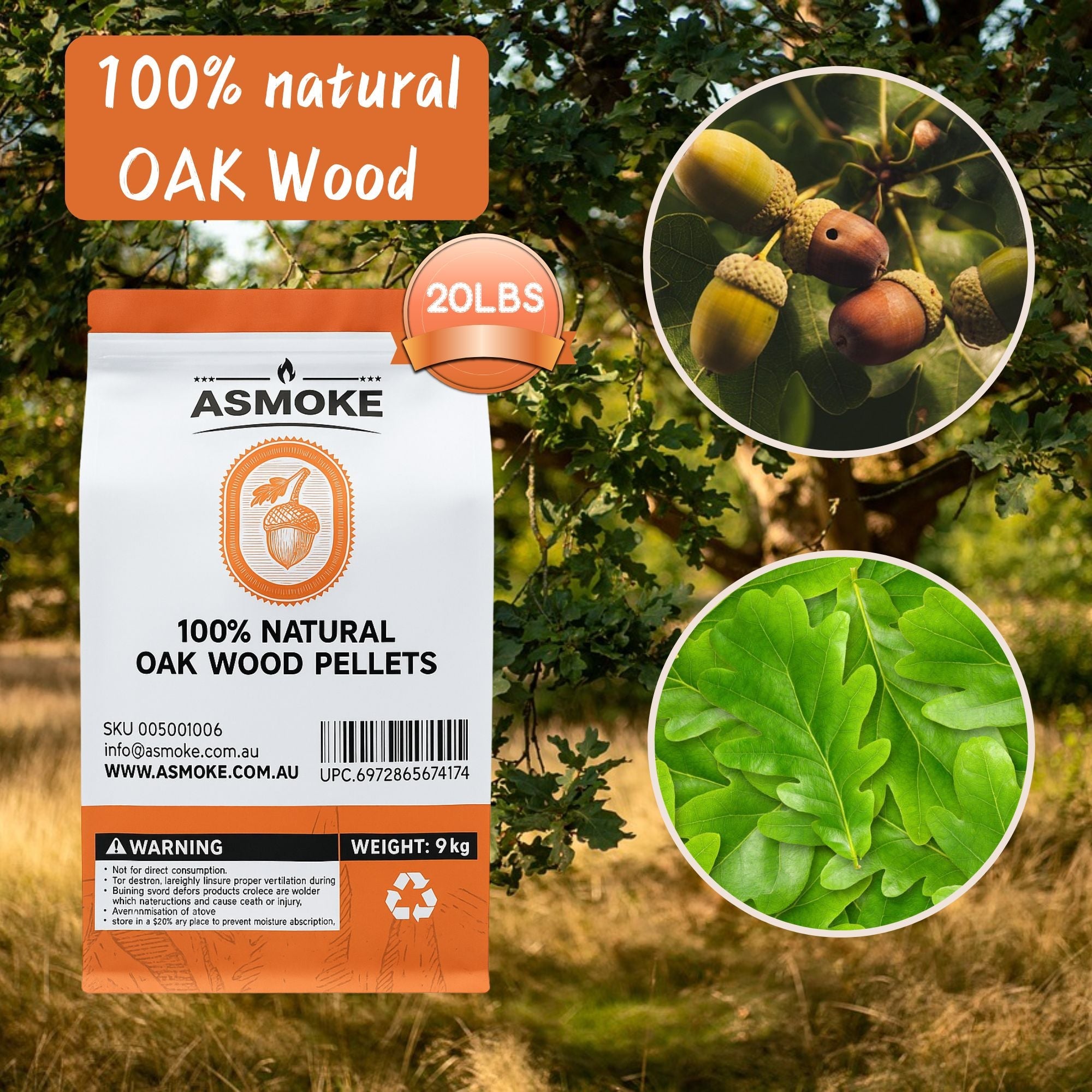 ASMOKE 100% Natural Premium Oak Wood BBQ Pellets for Smoker & Grill 9kg / 20lbs