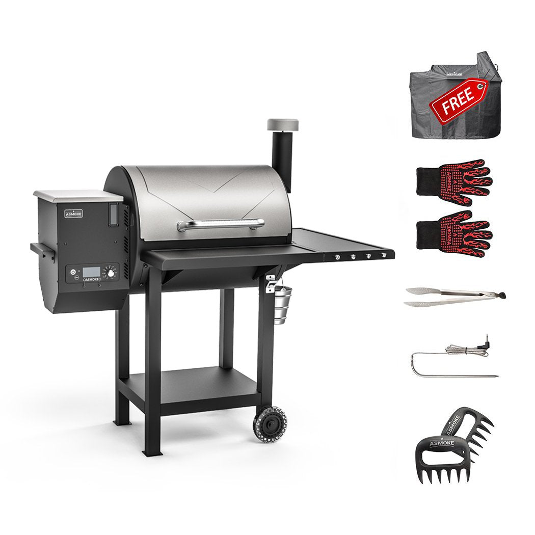 8-in-1 Pellet Grill, 700 sq in, Auto Feed, Silver - ASMOKE