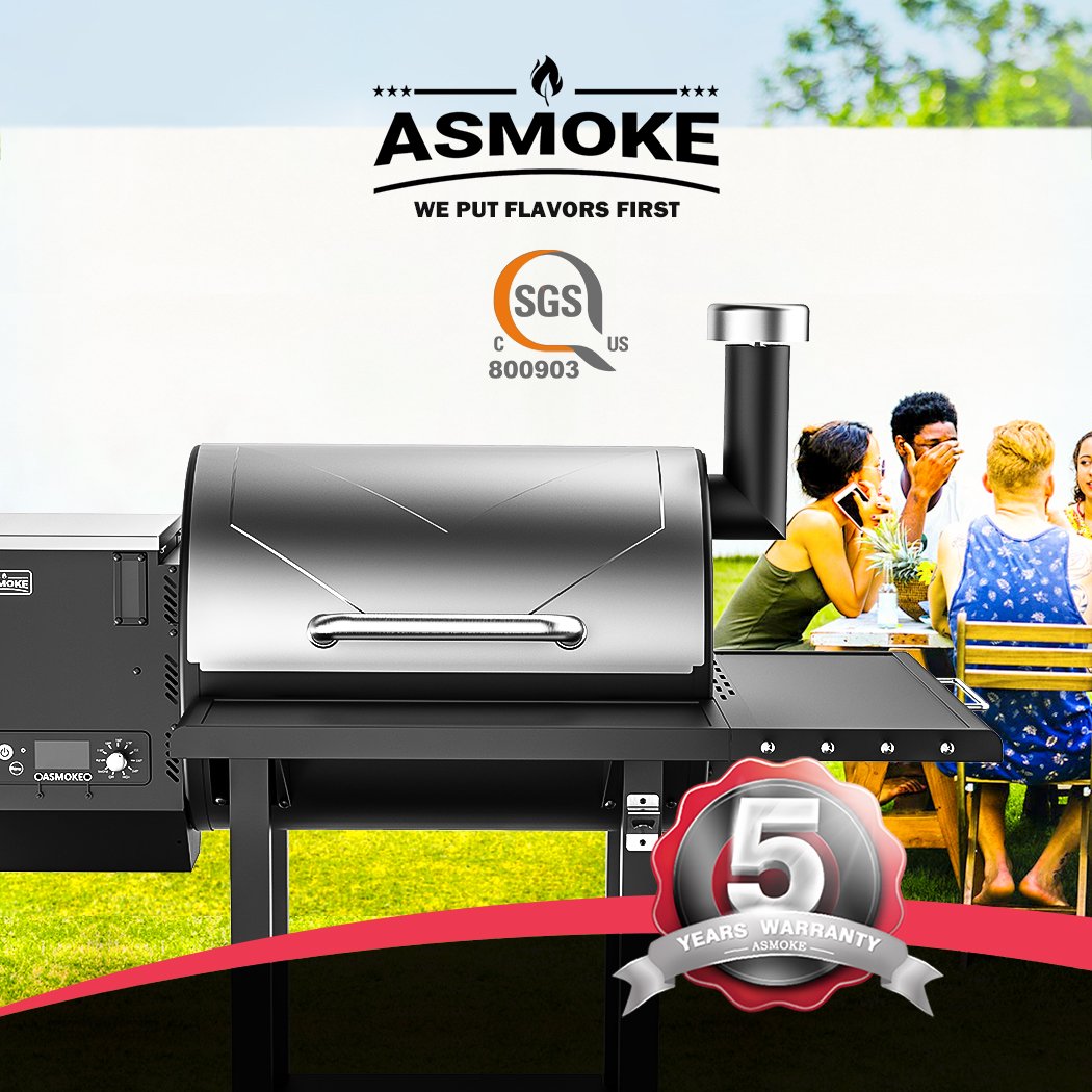 8-in-1 Pellet Grill, 700 sq in, Auto Feed, Silver - ASMOKE