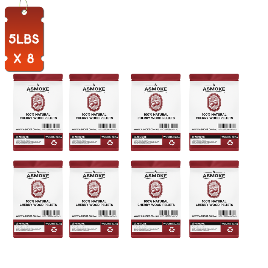 ASMOKE 19kg 40lbs Premium Cherry Wood BBQ Smoker Pellets Bulk Bundle 8 x 2.27kg Bags