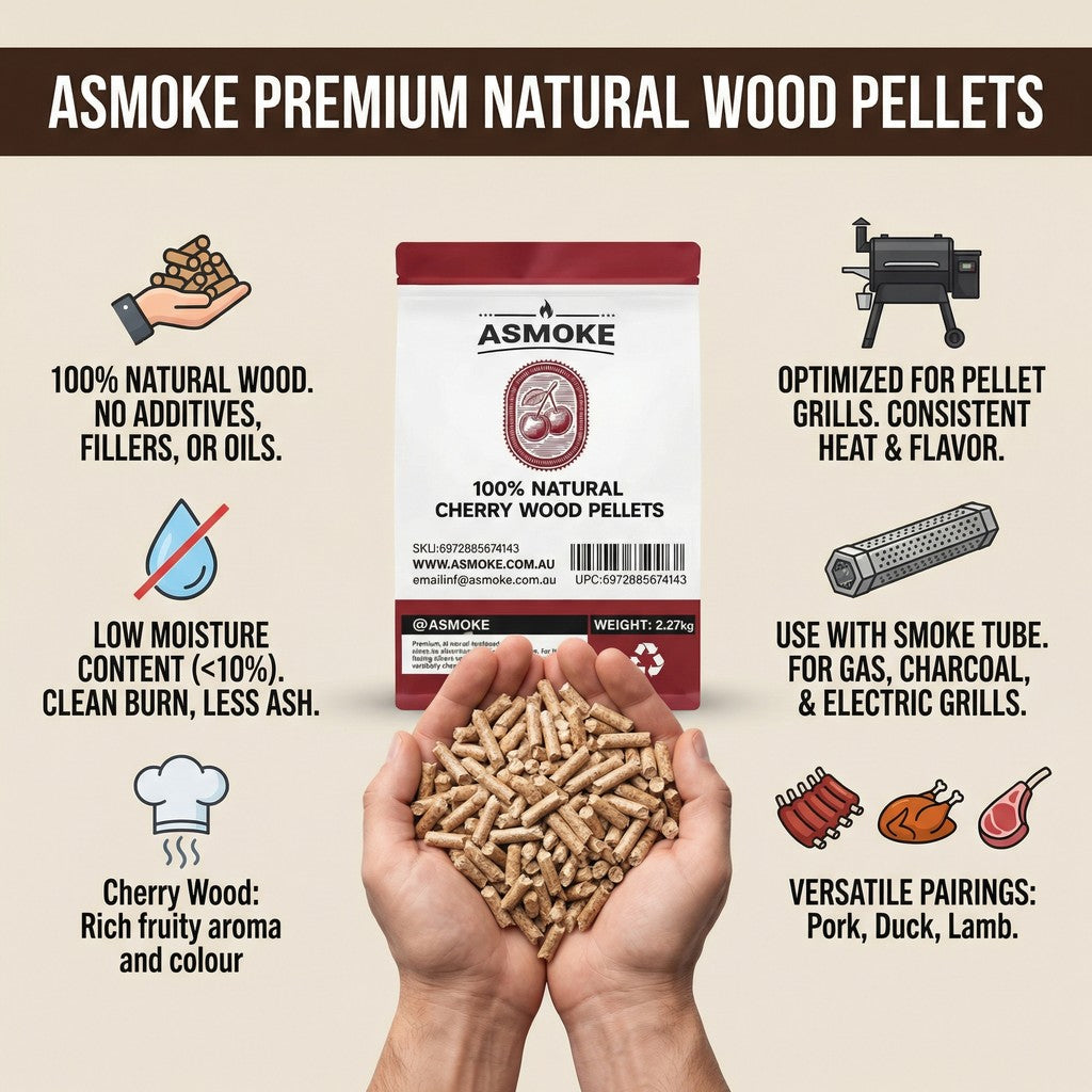 ASMOKE 19kg 40lbs Premium Cherry Wood BBQ Smoker Pellets Bulk Bundle 8 x 2.27kg Bags