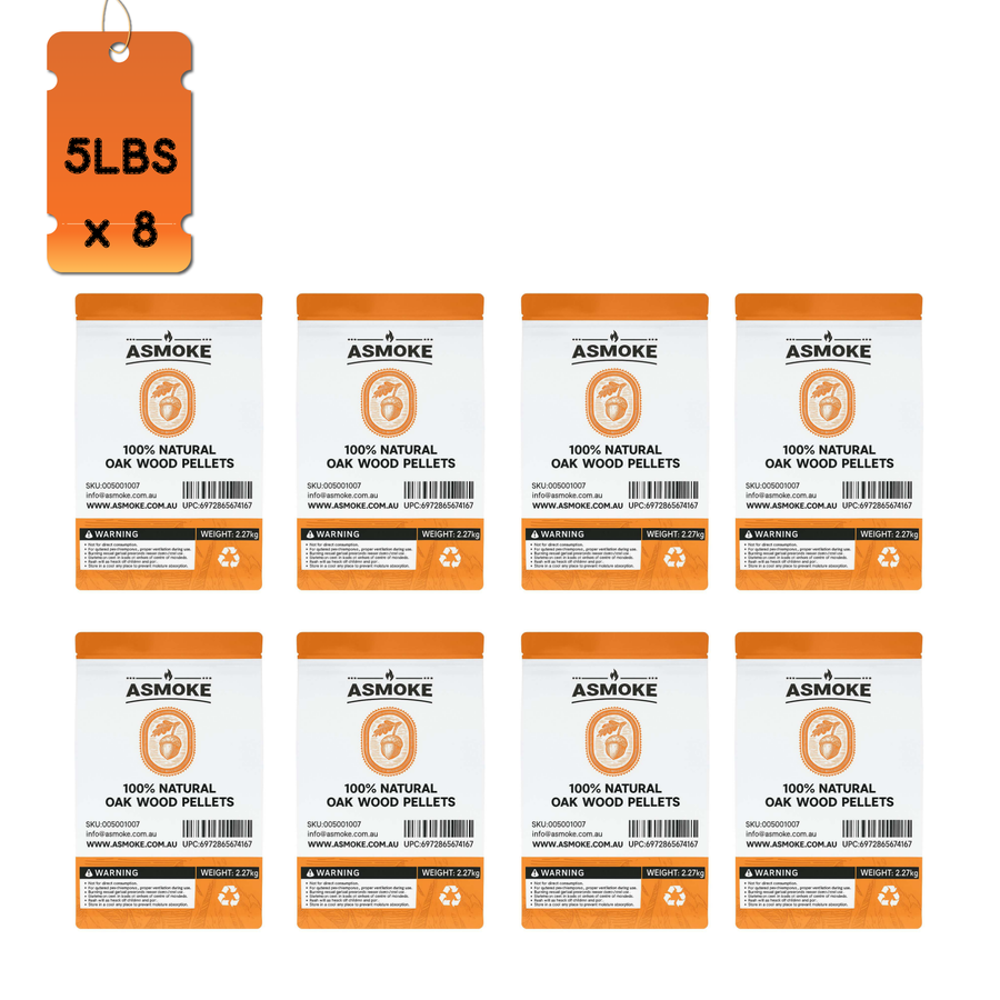 ASMOKE 19kg 40lbs Premium Oak Wood BBQ Smoker Pellets Bulk Bundle 8 x 2.27kg Bags