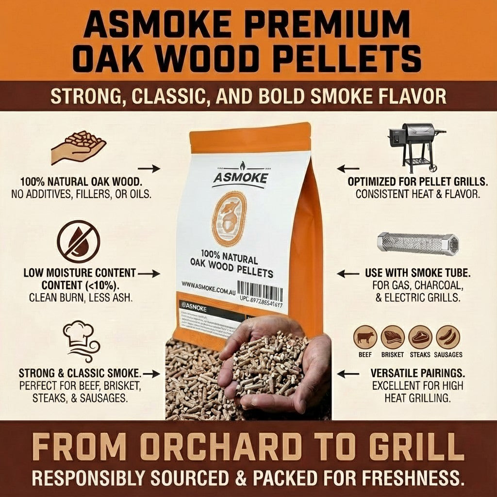ASMOKE 19kg 40lbs Premium Oak Wood BBQ Smoker Pellets Bulk Bundle 8 x 2.27kg Bags