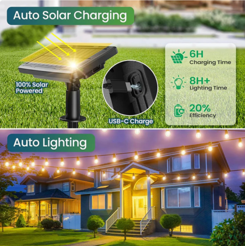 15m Outdoor Solar String Lights, IP65, Remote Control