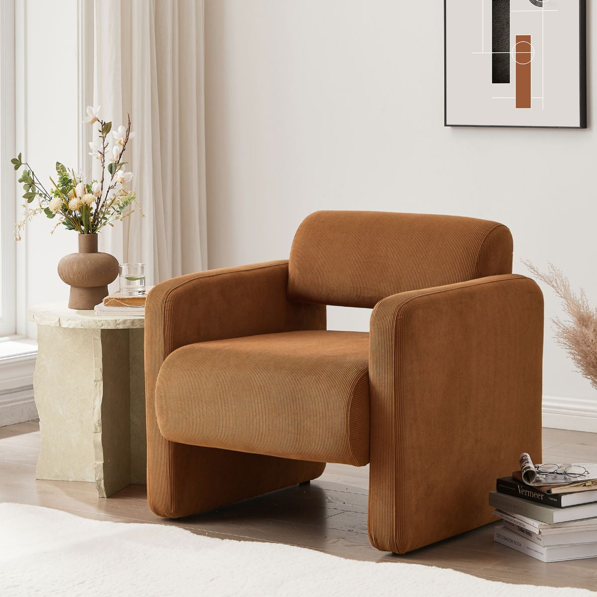 Lilah Modern Boucle Fabric Armchair - Burnt Orange