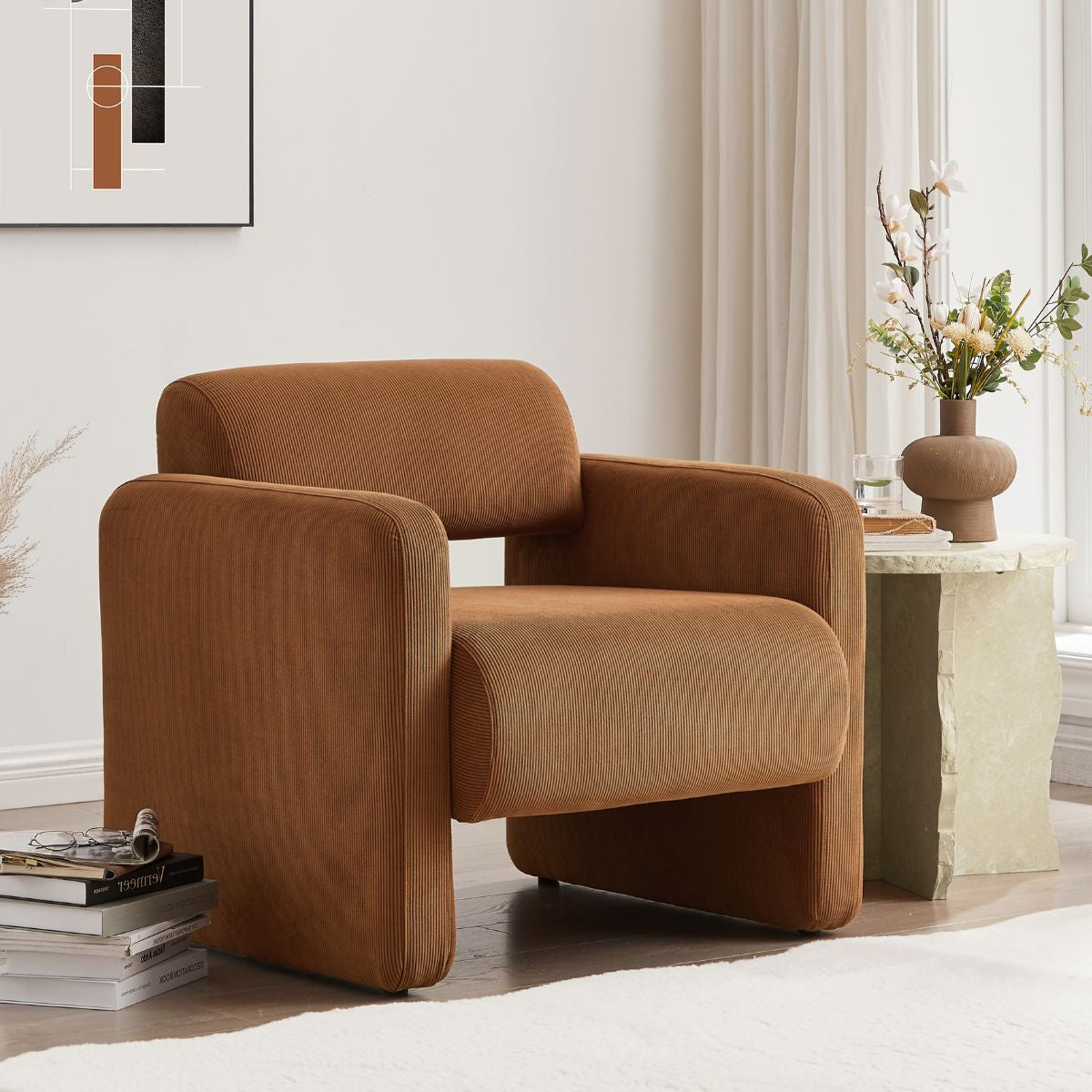 Lilah Modern Boucle Fabric Armchair - Burnt Orange
