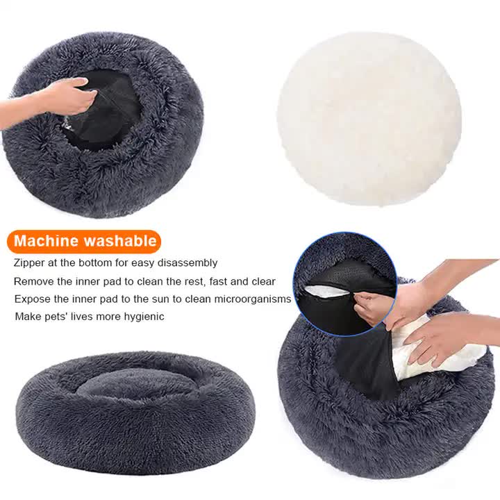 Calming Donut Pet Bed -Soft Faux Fur, Anti-Anxiety Fluffy Round Bed for Cats and Small Dogs (Light Gray)50cm