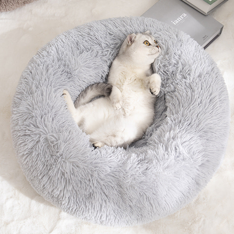 Calming Donut Pet Bed -Soft Faux Fur, Anti-Anxiety Fluffy Round Bed for Cats and Small Dogs (Light Gray)50cm