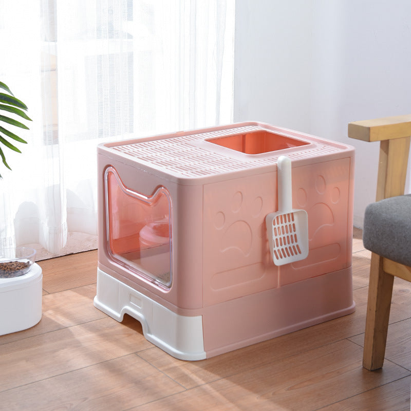Foldable Cat Litter Box with Pull-Out Tray -Easy Cleaning and Anti-Splash Design Pink 51*41*38cm
