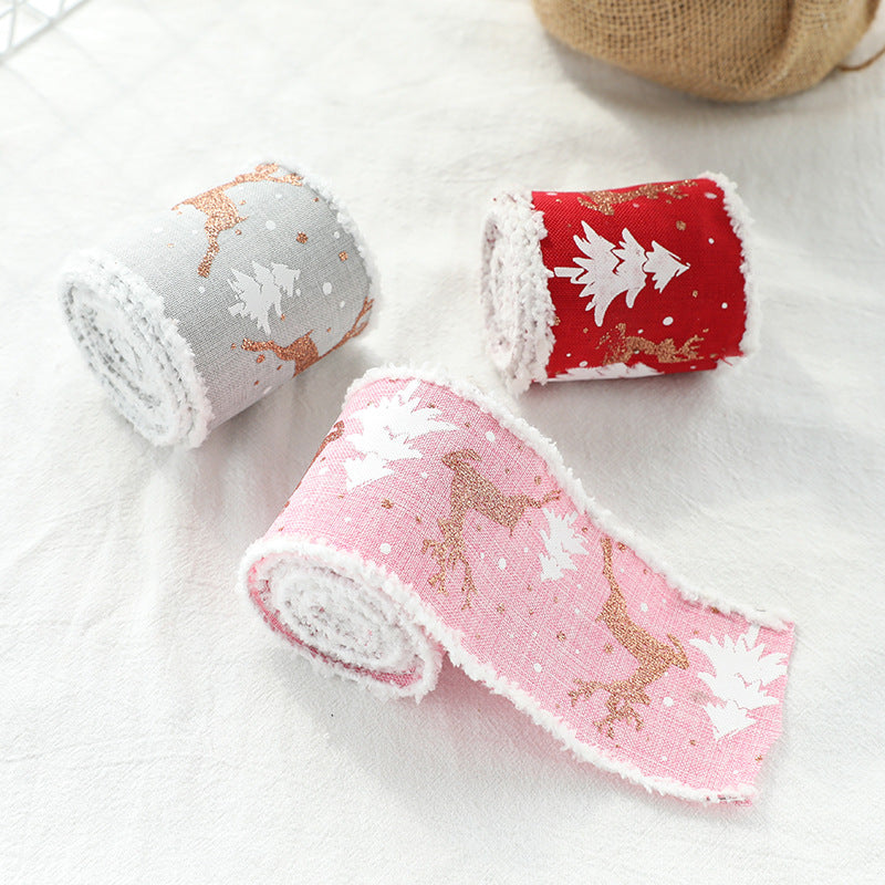 Christmas-Themed Decorative Wired Ribbon Burlap– Reindeer and Tree Print Rolled Fabric Set ,Diameter 6.8 cm, length 2 cm two set, 6 pieces in total