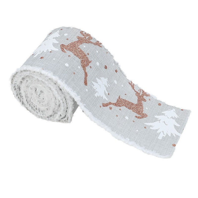 Christmas-Themed Decorative Wired Ribbon Burlap– Reindeer and Tree Print Rolled Fabric Set ,Diameter 6.8 cm, length 2 cm two set, 6 pieces in total