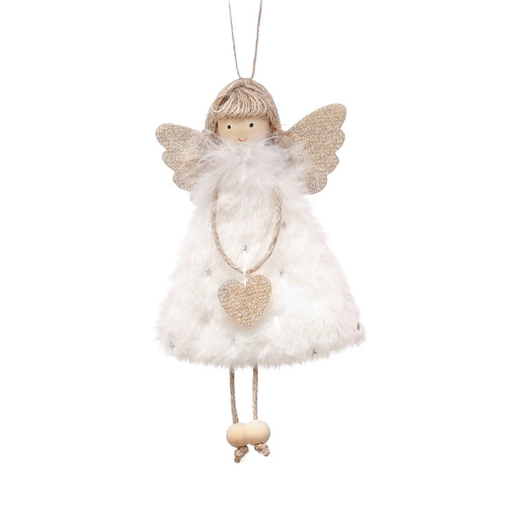 Fluffy Angel Hanging Ornament with Heart and Glitter Wings - Christmas Tree Decoration 16*10 cm White 6 pieces