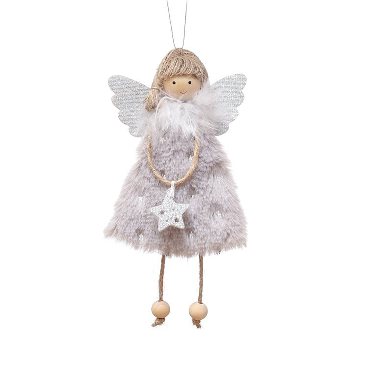 Fluffy Angel Hanging Ornament with Heart and Glitter Wings - Christmas Tree Decoration 16*10 cm Grey 6 pieces