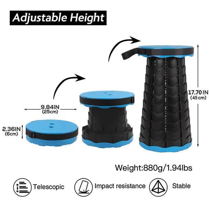 Portable Collapsible Telescopic Stool - Foldable, Lightweight, Adjustable, and Compact Camping Chair Black