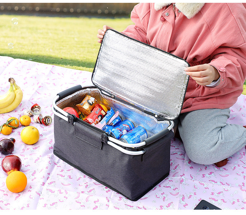 Insulated Picnic Basket with Aluminum Frame - Portable Collapsible Cooler Bag 18L 40*20*23cm(Navy Blue)