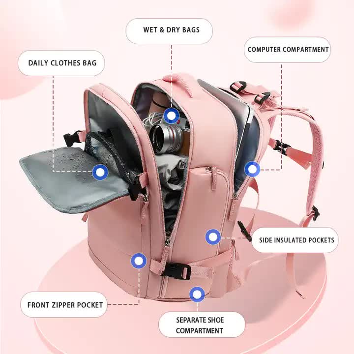 Multi-Compartment Travel Backpack with Shoe Storage and Wet-Dry Separation Pink 31cm L *17cm W *42cm H