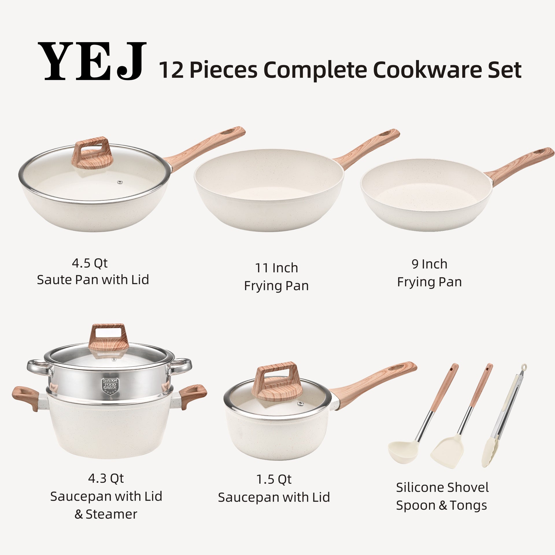 YEJ 12-Piece Non-Stick Complete Cookware Set | Pots, Pans & Utensils White