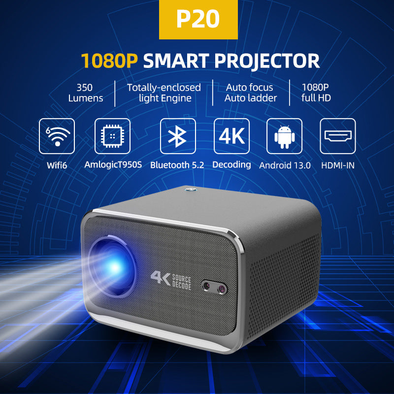 P20 1080P Smart Projector with 4K Decoding, Wi-Fi 6, Bluetooth 5.2, and Android 13.0 211.2*184.72*136.5mm