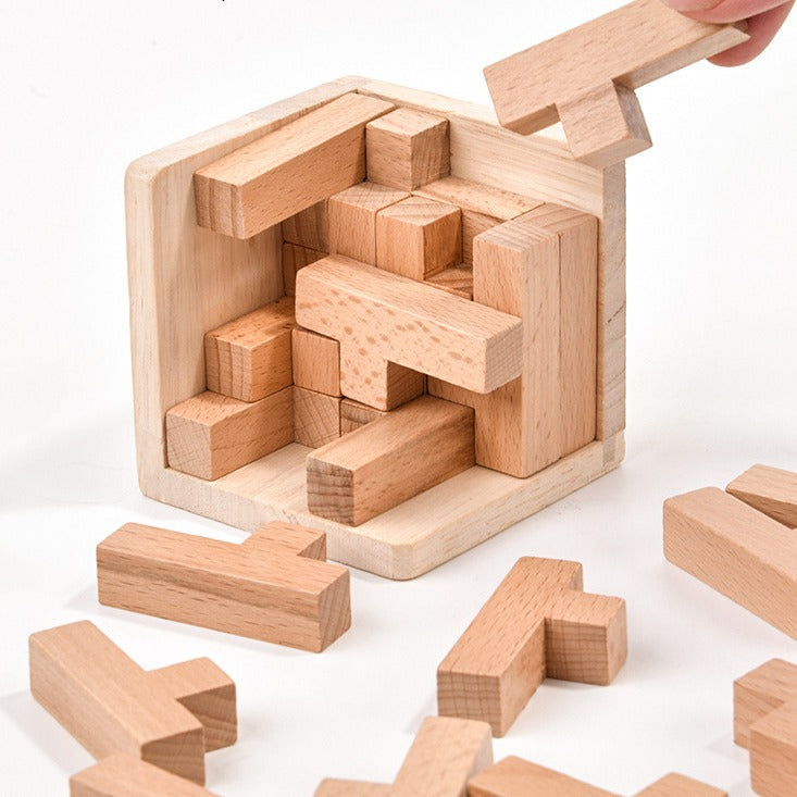 Wooden Brain Teaser Puzzle - 3D Cube Puzzle Game for Adults and Kids - Natural Wood Block Puzzle 2.75 Inches