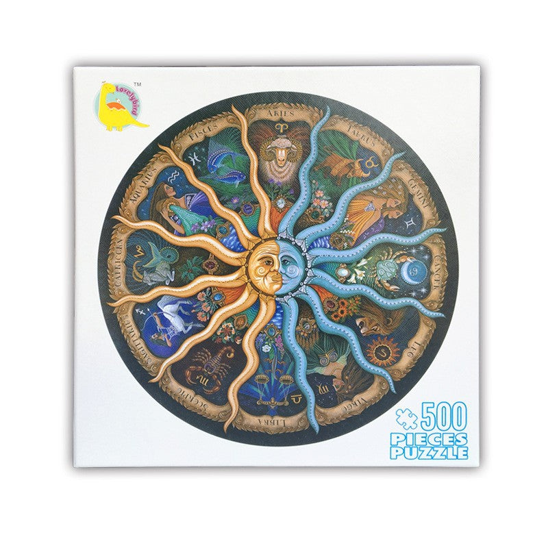 500 Piece Zodiac Circle Jigsaw Puzzle - Colorful Astrology Sun and Moon Jigsaw Puzzle for Adults and Kids