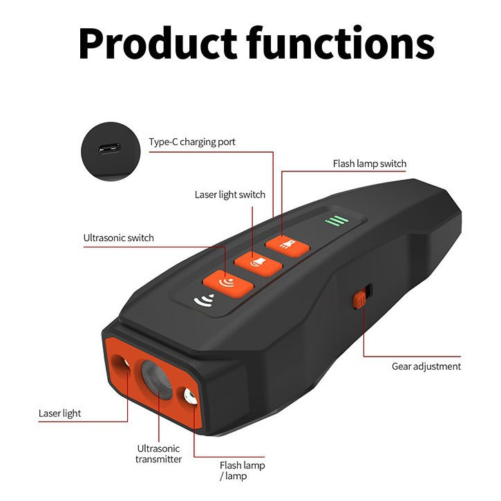 Black Rechargeable Ultrasonic Dog Trainer with LED Flashlight & Laser - Anti-Barking Device for Effective Dog Training