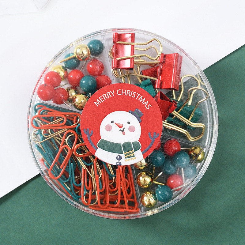 B41025 Christmas Stationery Set - Festive Binder Clips, Paper Clips, and Push Pins in Holiday Colors 2 set