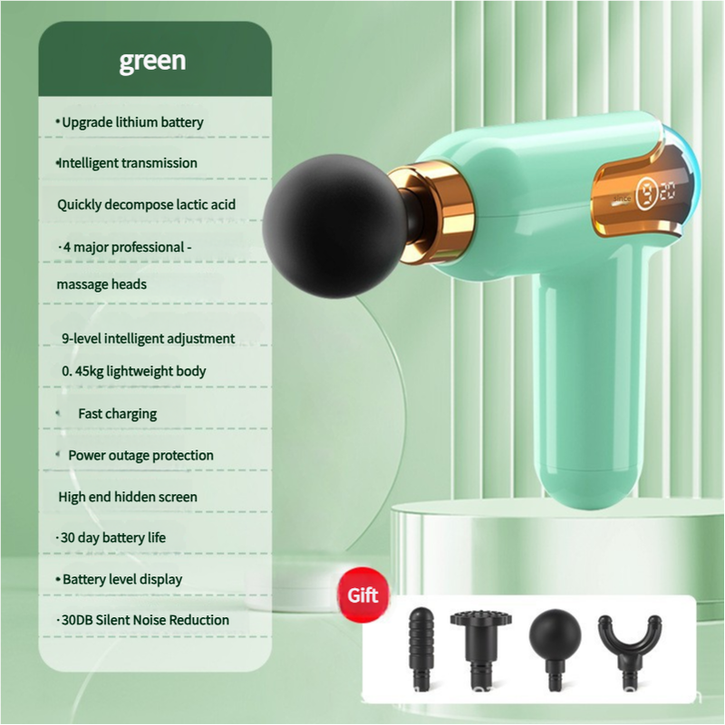 LC002 Green Portable Massage Gun - Deep Tissue Muscle Massager with 4 Heads and 9 Speed Settings