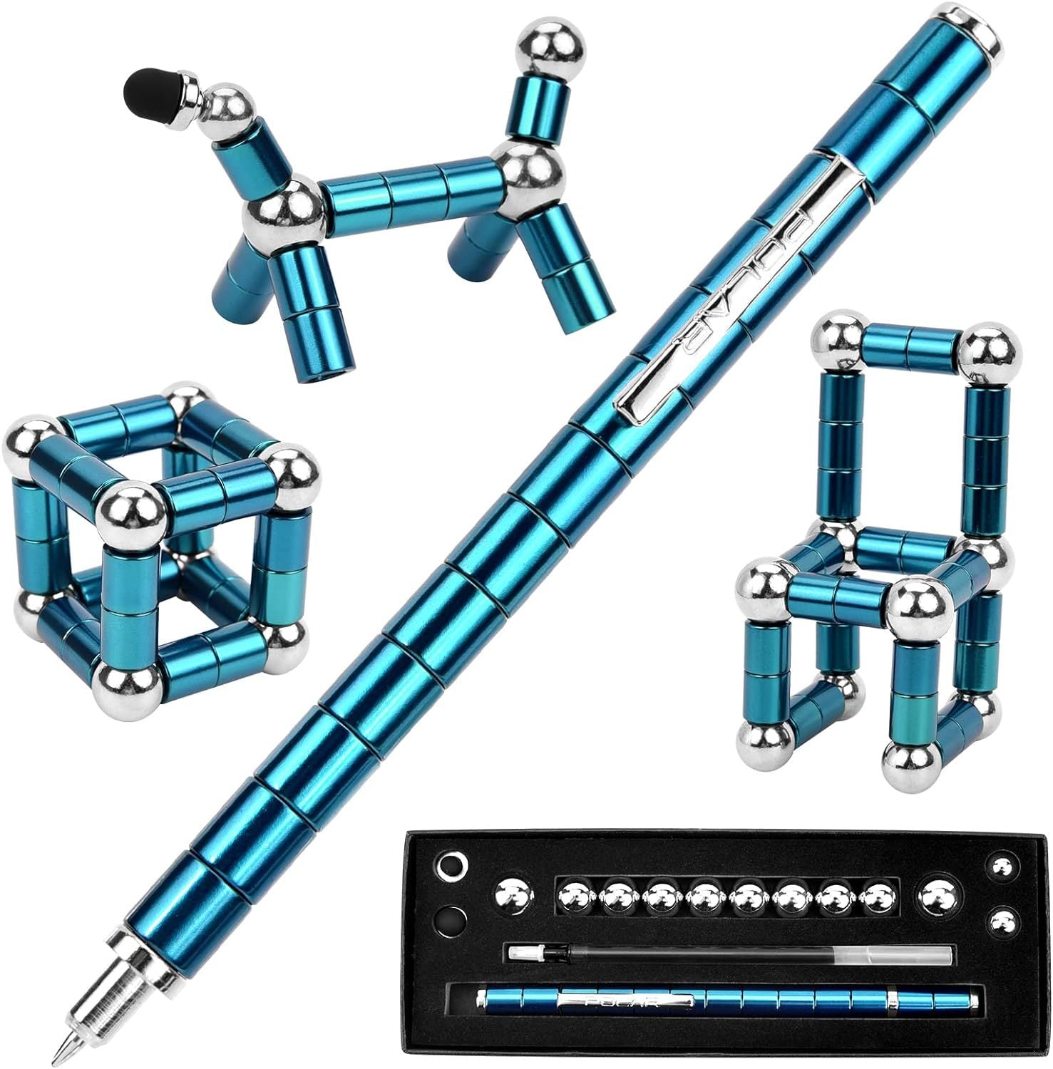 (2 set) Magnetic Fingertip Pen Building Toy Set - Multifunctional Blue Magnet Pen with Creative Building Blocks and Replacement Refills