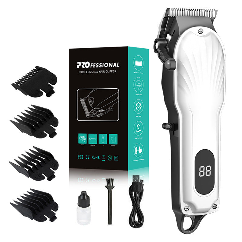 White Professional Cordless Hair Clipper with LED Display - Rechargeable Electric Hair Trimmer for Men