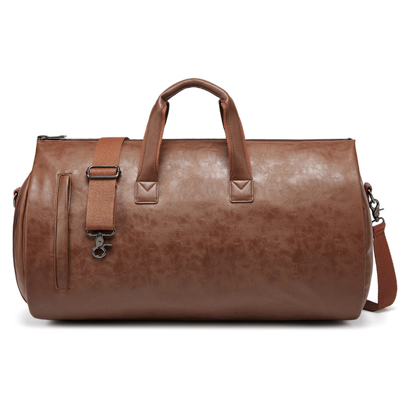 Brown PU Leather Travel Duffel Bag - Large Capacity Waterproof Suit Bag with Shoe Compartment