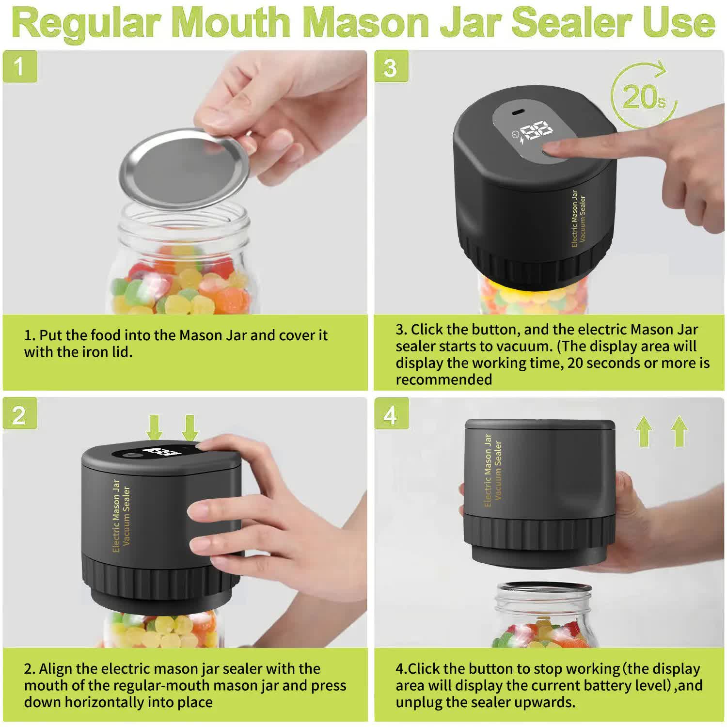 Portable Vacuum Sealer for Mason Jars,Regular Model KZ-80 60 sec stop or manual stop - Black Electric Food Preservation Machine with LED Display