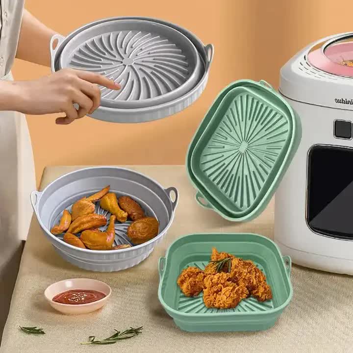 3D Square Air Fryer Silicone Liners - Food-Grade, Non-Stick, Reusable Basket Mats for Air Fryers, Ovens, and Microwaves 4 PCS Green