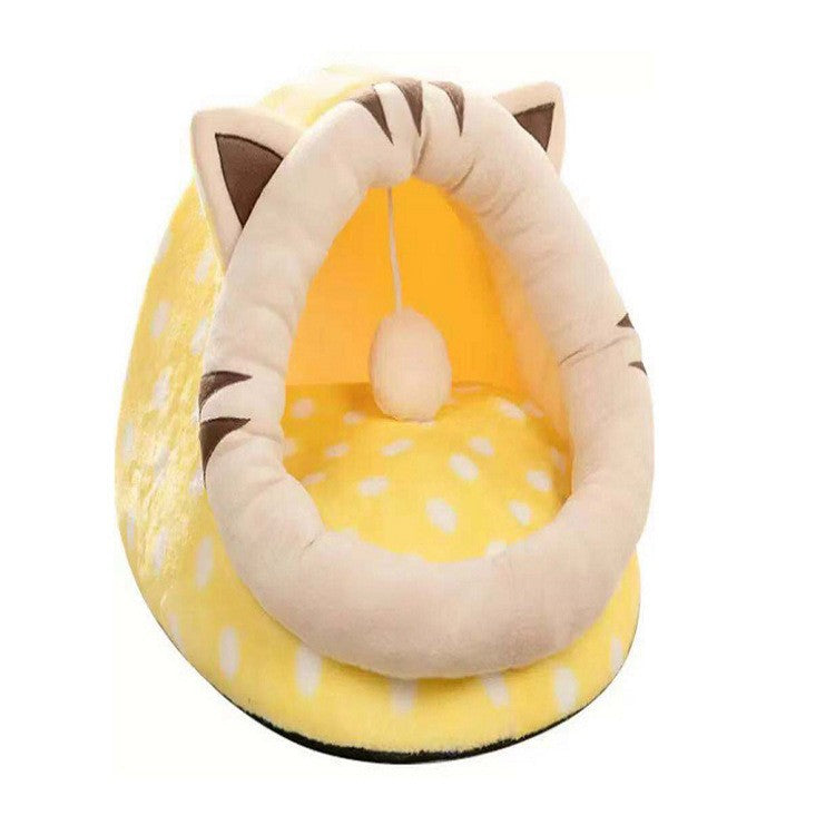 Yellow Half-Enclosed Cat Bed - Soft Short Velvet Fabric with Sponge + PP Cotton Filling, M Size 35x35x30cm