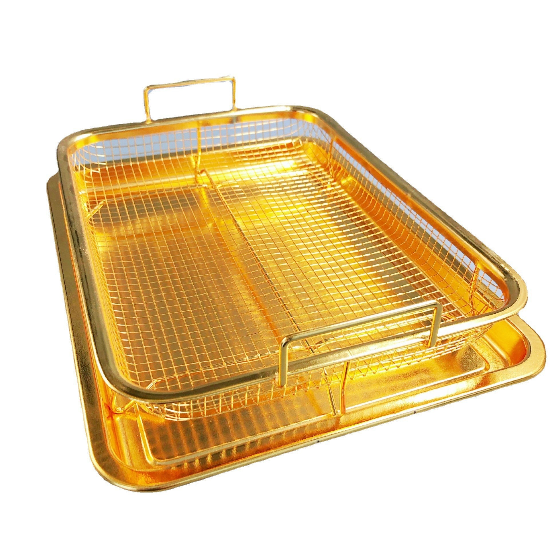 BBQ Square Non-Stick Stainless Steel Grill Basket - Gold Color, Small Size 30*22*5.5 cm , Ideal for Grilling Meat and Vegetables