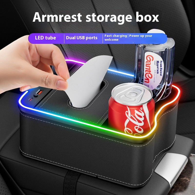 Black Car Armrest Storage Box with LED Ambient Light - Multifunctional Tissue Holder & Organizer for Car Interior