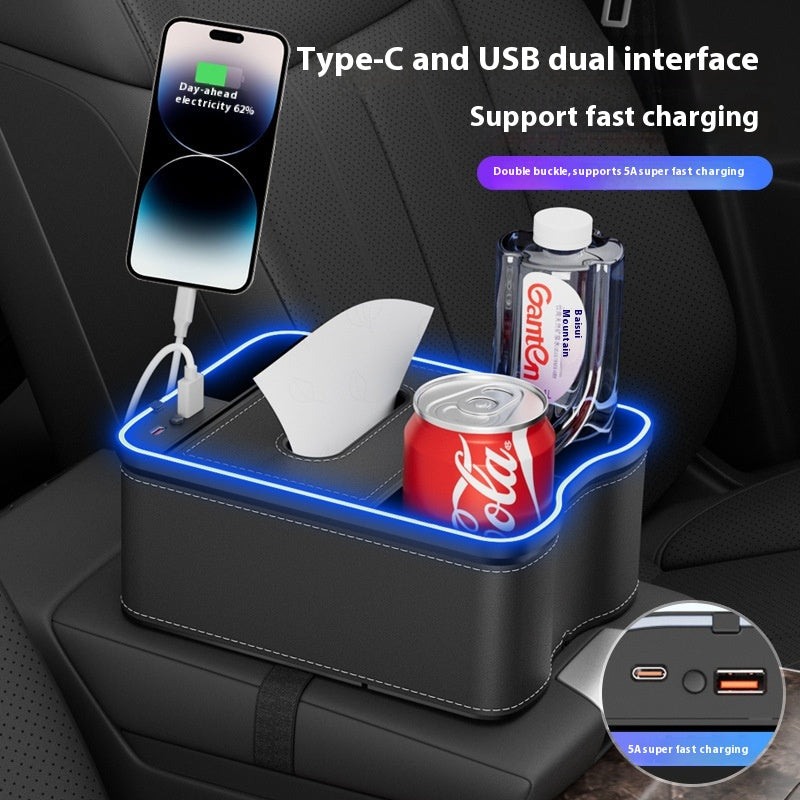 Black Car Armrest Storage Box with LED Ambient Light - Multifunctional Tissue Holder & Organizer for Car Interior