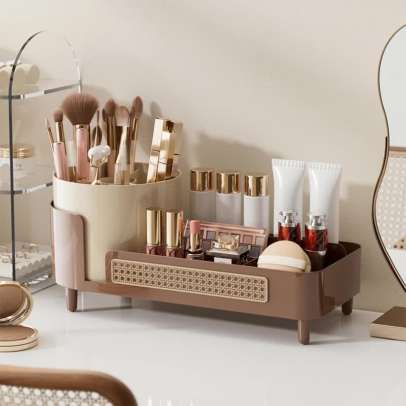 Brown Cosmetic Organizer - Rotating Desktop Makeup Brush Holder with Large Capacity Storage