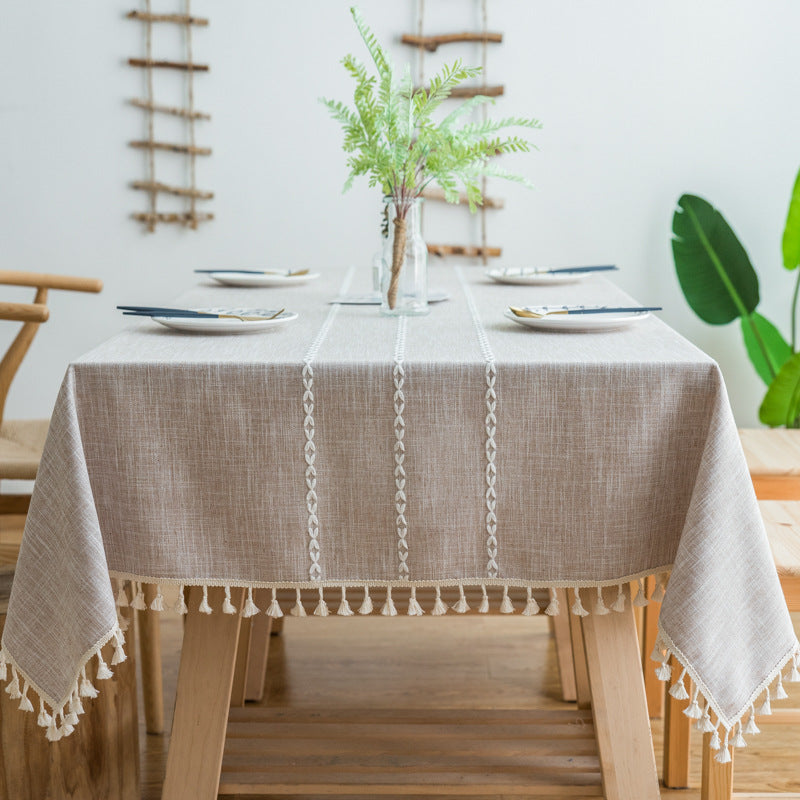 140x200cm Grey Striped Cotton Linen Embroidered Tassel Tablecloth - European & American Pastoral Style for Restaurants